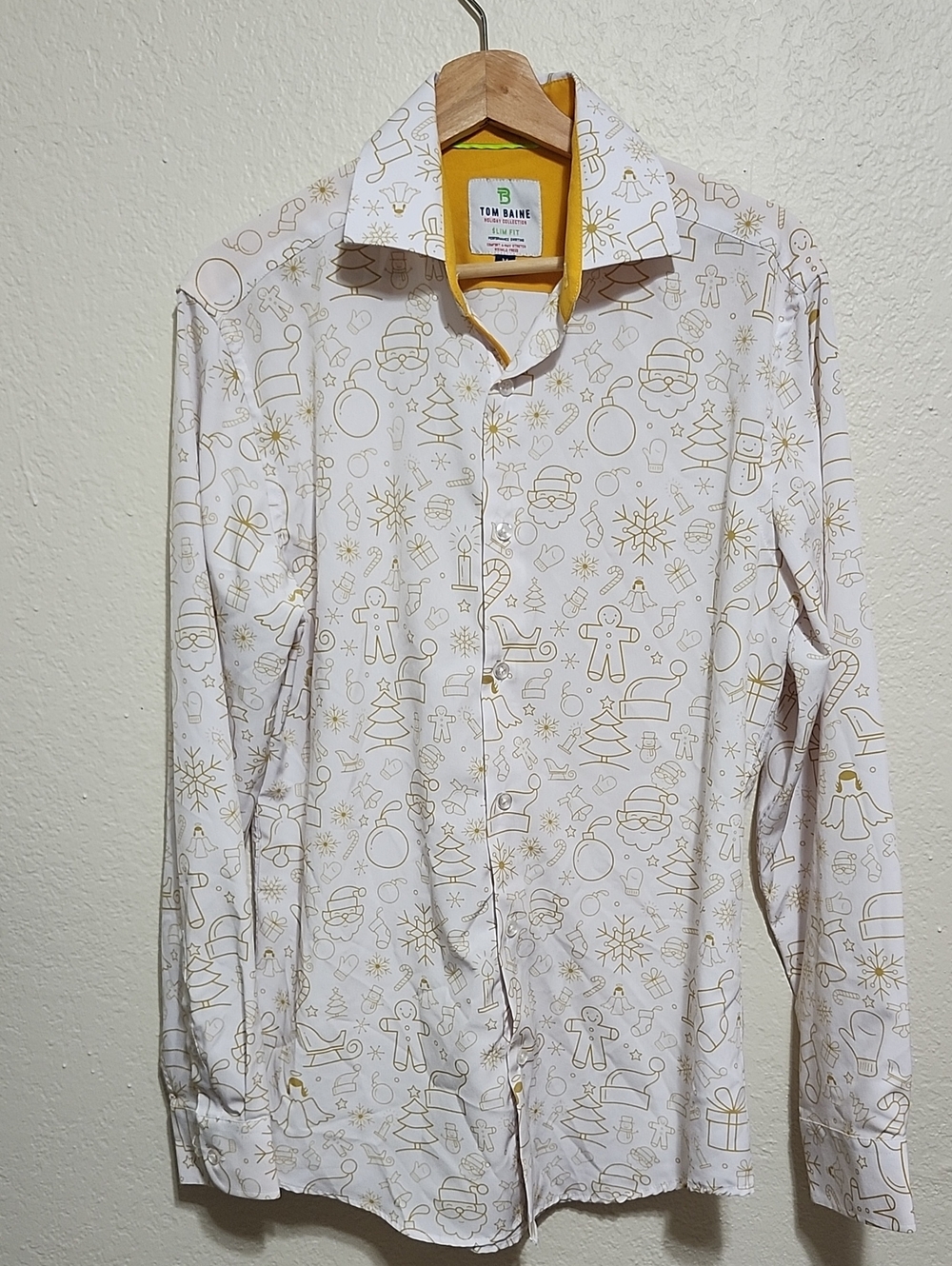 Tom Baine Men’s Slim Fit Christmas Button Down Shirt White Gold Festive Sz M
